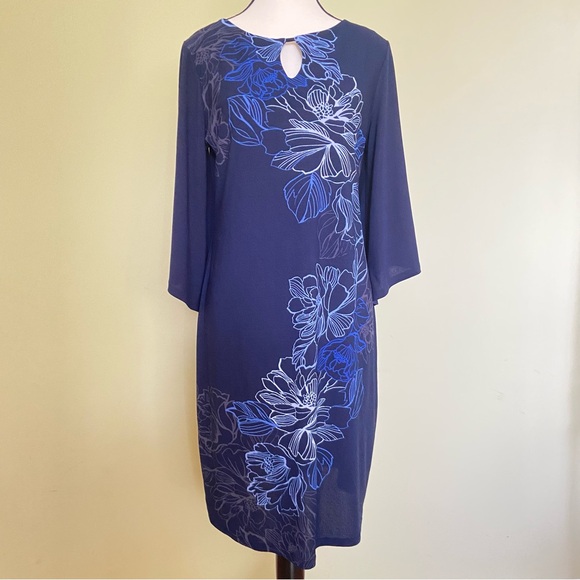 Dana Buchman Blue Floral Shift Bell Sleeves Dress size M - Picture 2 of 7